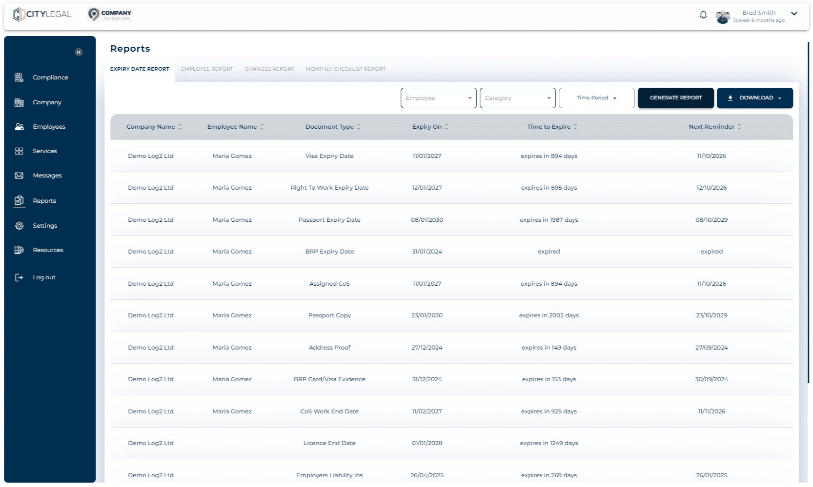 Here you can see the expiry dates of all the sponsored employees. You can select different filters such as 'Category', 'Time Period', etc. if you want to generate specific report. Click on "Generate Report" and the result will show which can then be downloaded.