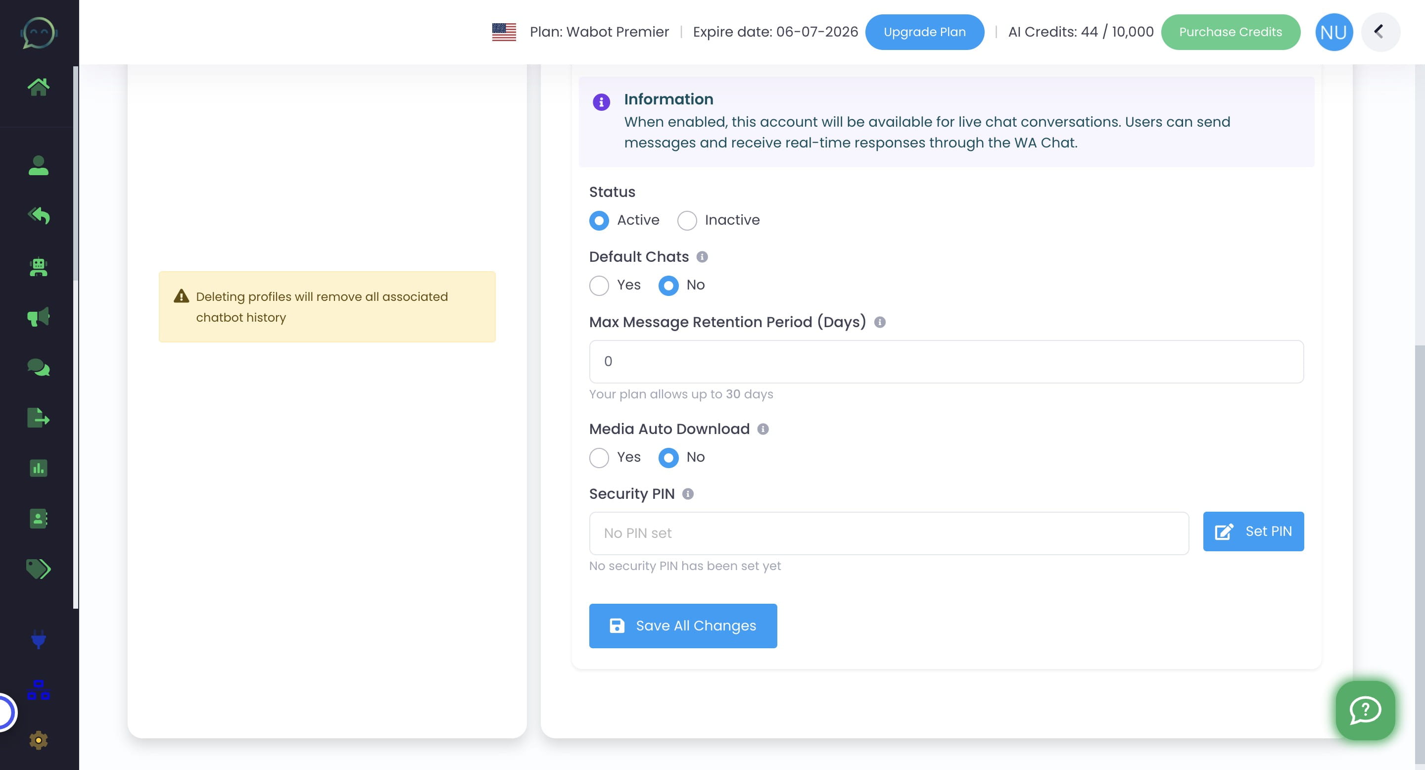 Decide whether this number will be the preselected chat to view on WA Live Chat. Only one account can be the default chat