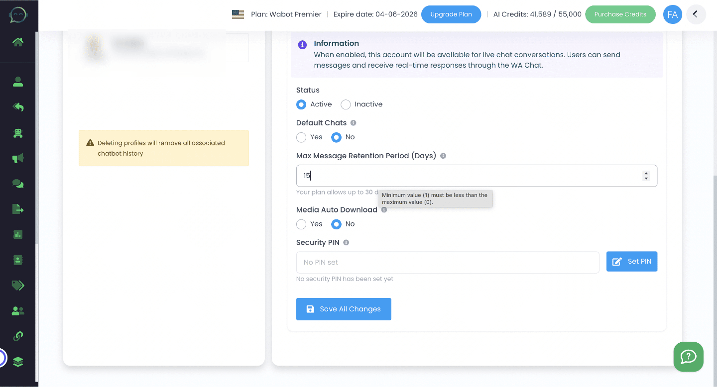 Set the security pin. This is the pin that you need to enter every time you want to view the chat
