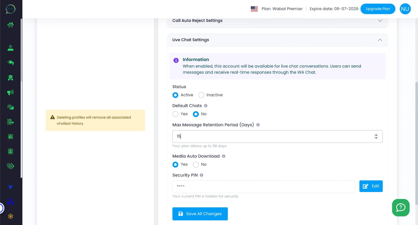 Set the maximum number of days to retain live chat messages. This cannot exceed your plan limit.