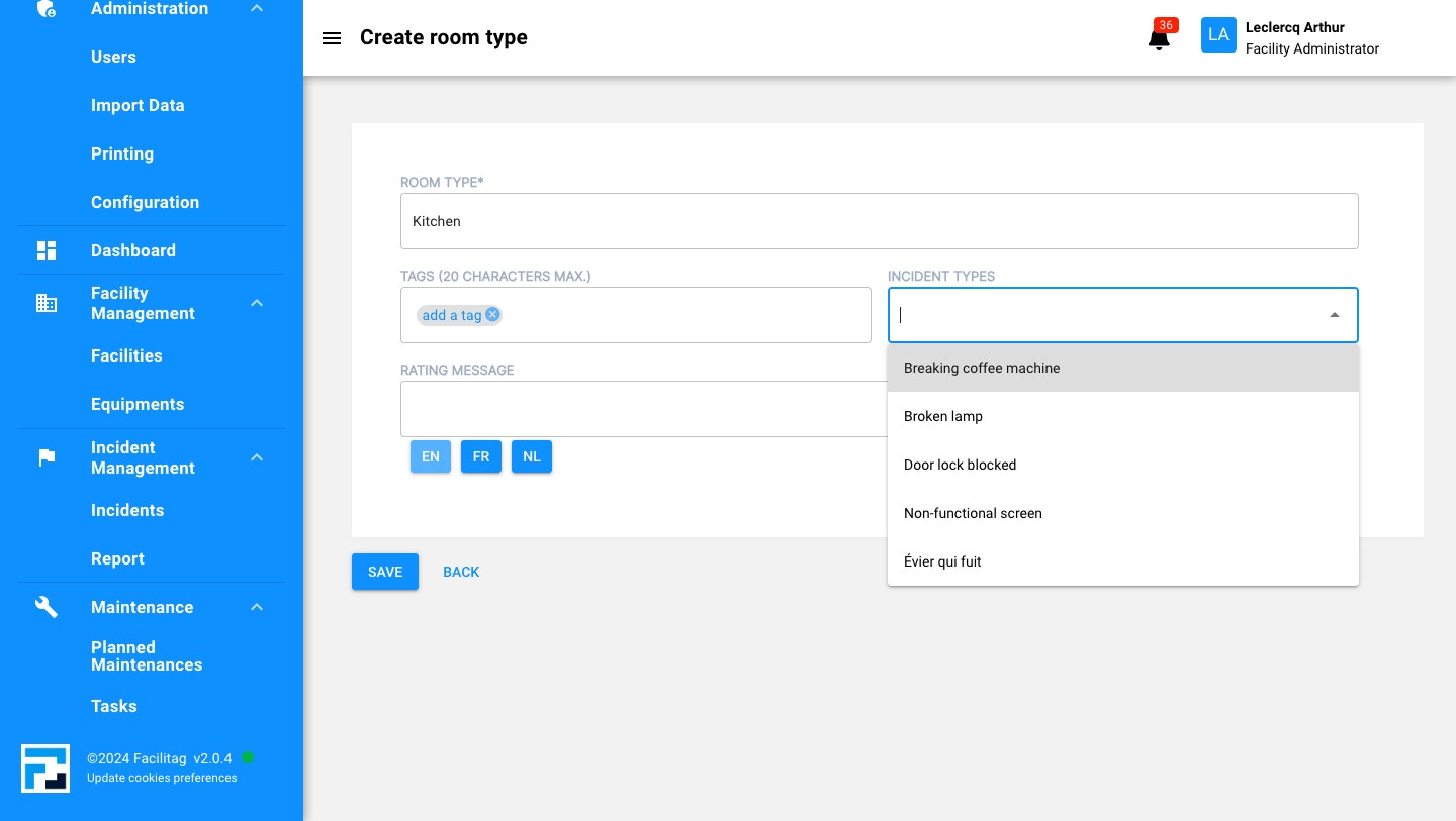 Choose the Incident type you want to link to the room type