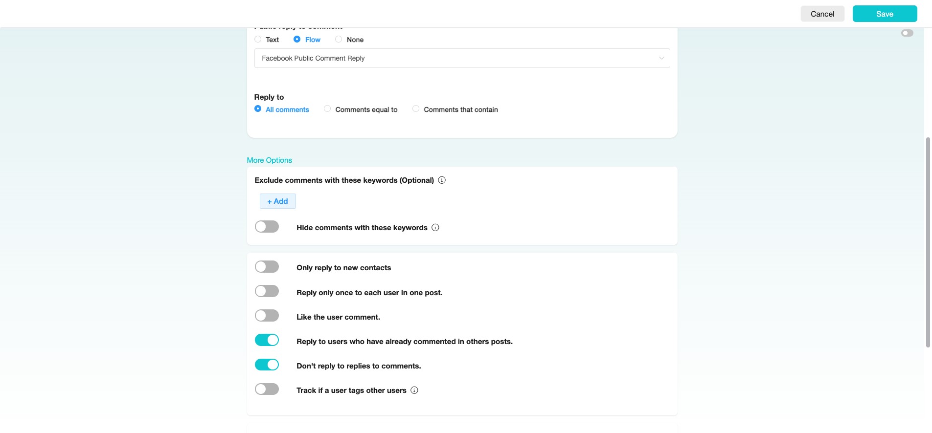 Under "Exclude comments with these keywords (Optional)," click "+ Add" to add keywords you want to exclude. SME Bot will not reply to comments containing these keywords.