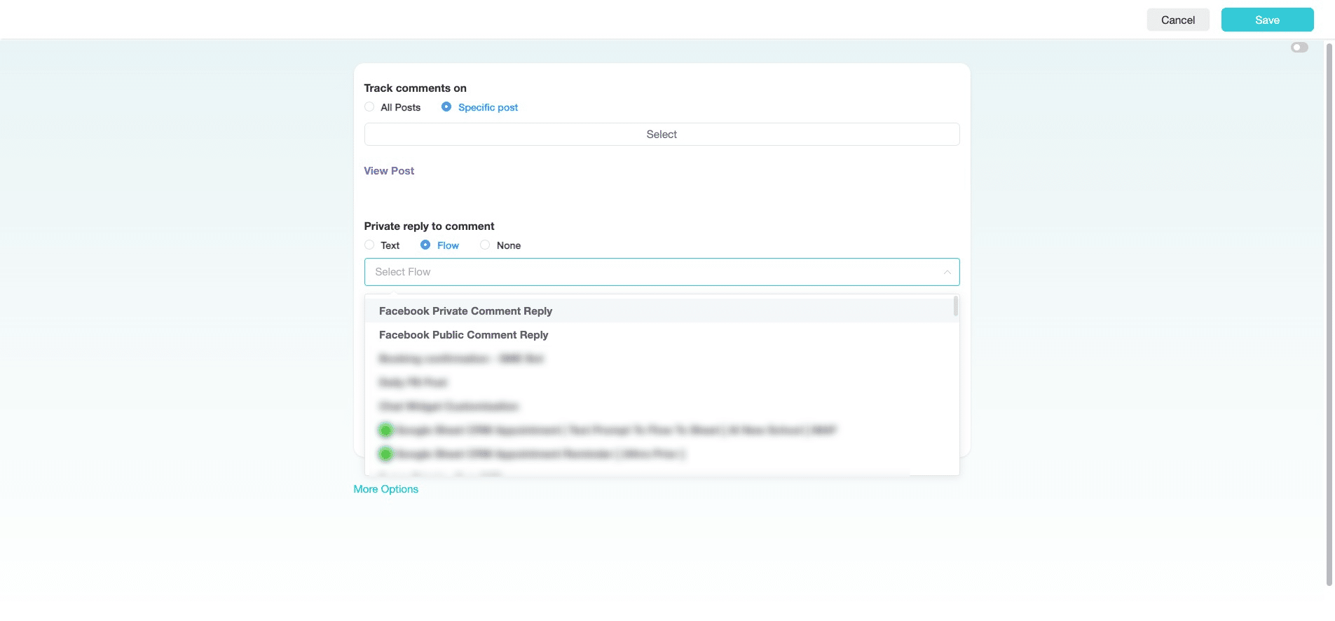 Click the intended Flow. In this example, we have selected the "Facebook Private Comment Reply" flow created for this automation.