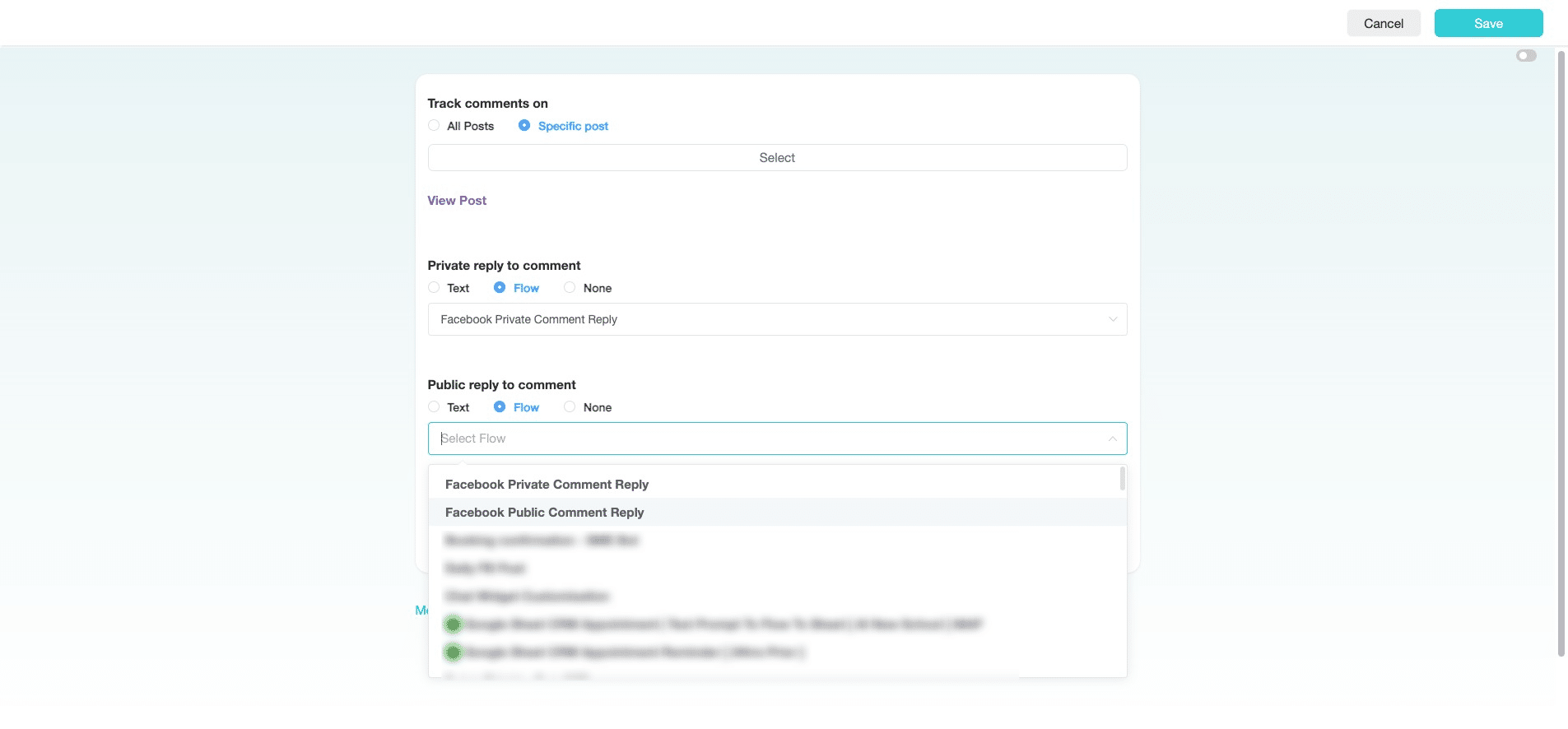 Click the intended Flow. In this example, we have selected the "Facebook Public Comment Reply" flow created for this automation.