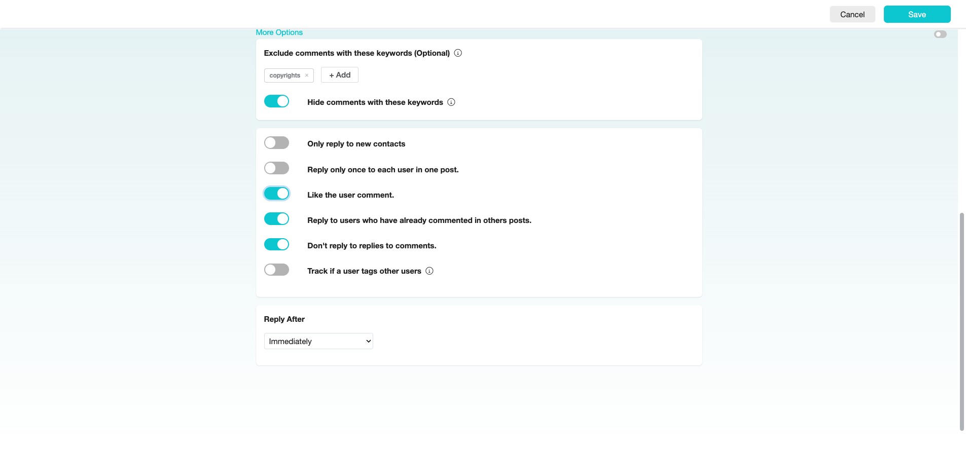 Continue to Click and enable the following options based on your preferences. Such as:

Like the user comment – To automatically like the comment after replying.
Reply to users who have already commented on other posts – To ensure the bot responds to users who comment on different posts.
