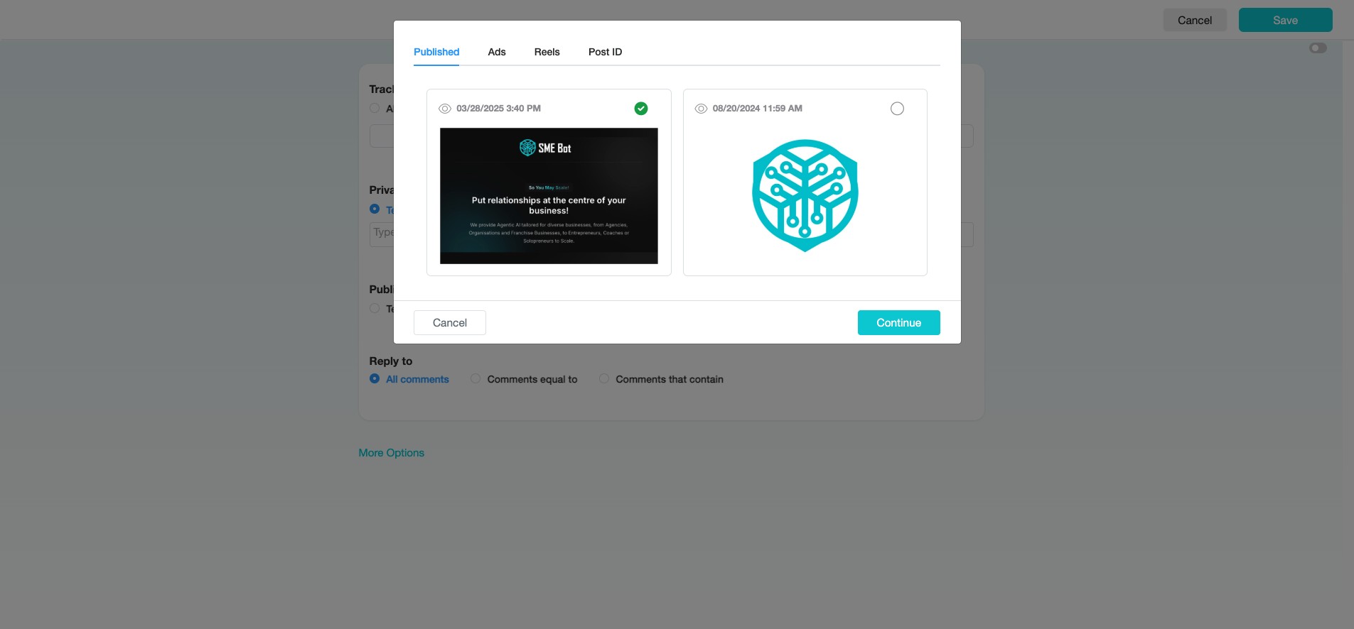 After selecting the post(s), click "Continue" to proceed.