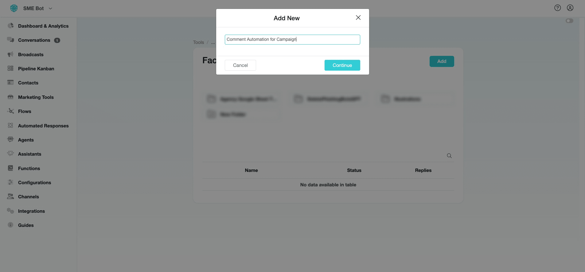 Enter a suitable name for your Facebook Comment Automation, and click "Continue".