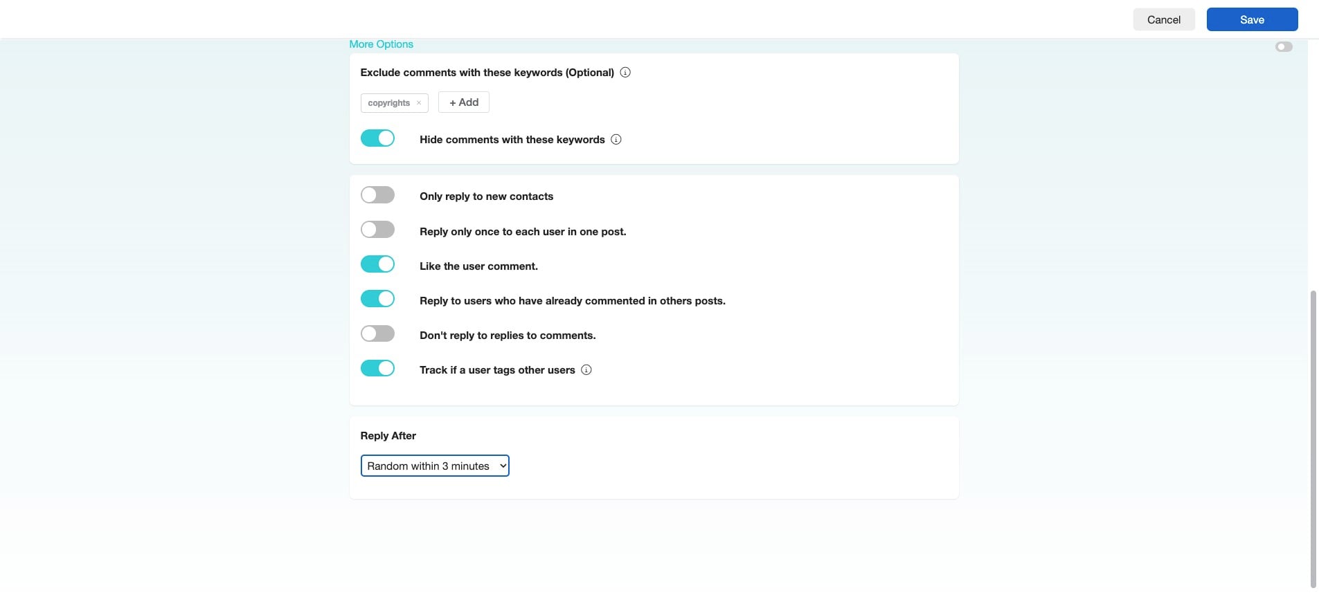 After testing, change the response time to be "Random within 3 minutes" or more if you anticipate a sudden surge in comment traffic. This helps maintain natural interaction, avoid spam detection, and improve the user experience by mimicking human-like response times.