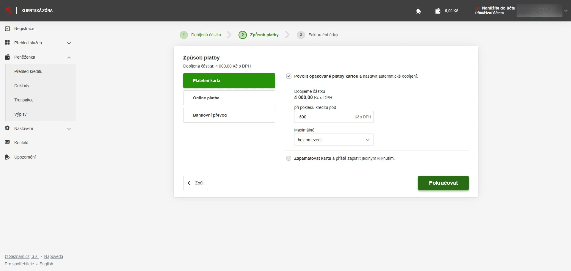 Zaškrtněte "Povolit opakované platby kartou a nastavit automatické dobíjení" pro uplatnění 5% kreditu navíc při každém dobití. Zadejte částku při které se má kredit automaticky dobít, a potvrďte tlačítkem "Pokračovat".