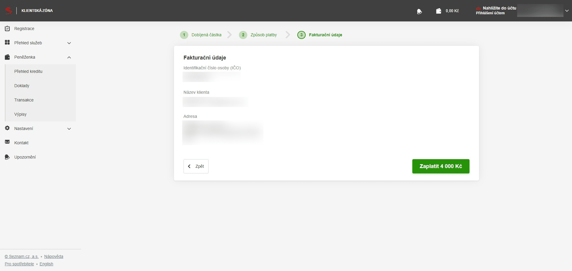 Zkontrolujte své fakturační údaje a přejděte k platbě tlačítkem "Zaplatit".