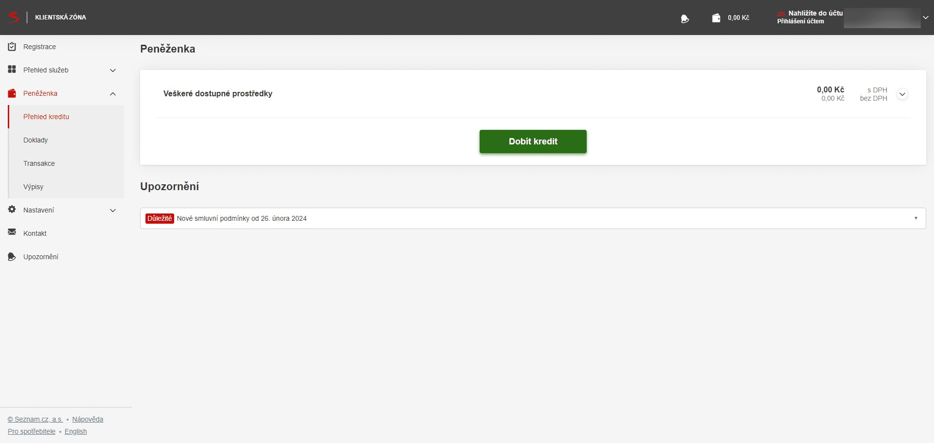 Klikněte na "Dobít kredit"