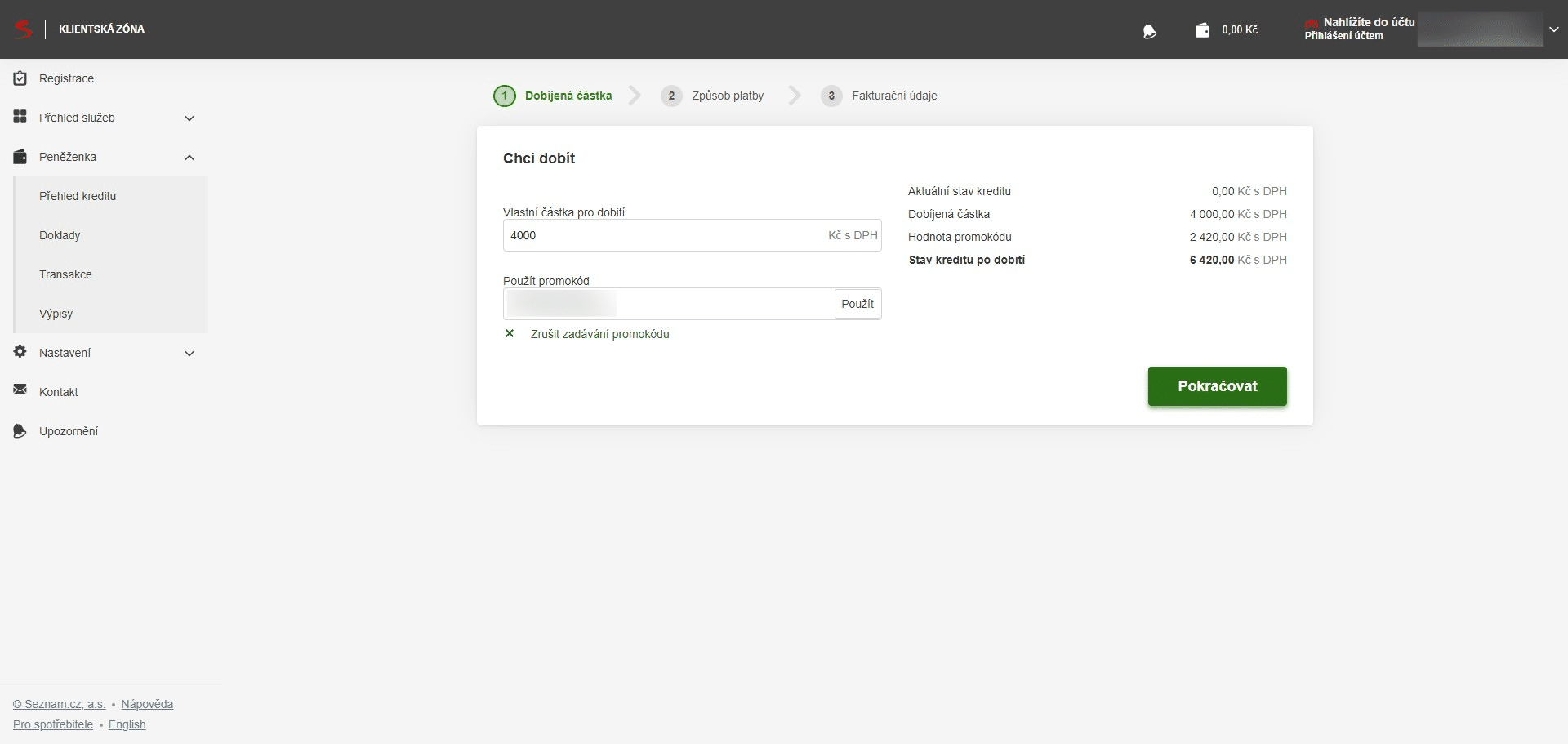 Po uplatnění promo kódu klikněte na "Pokračovat".