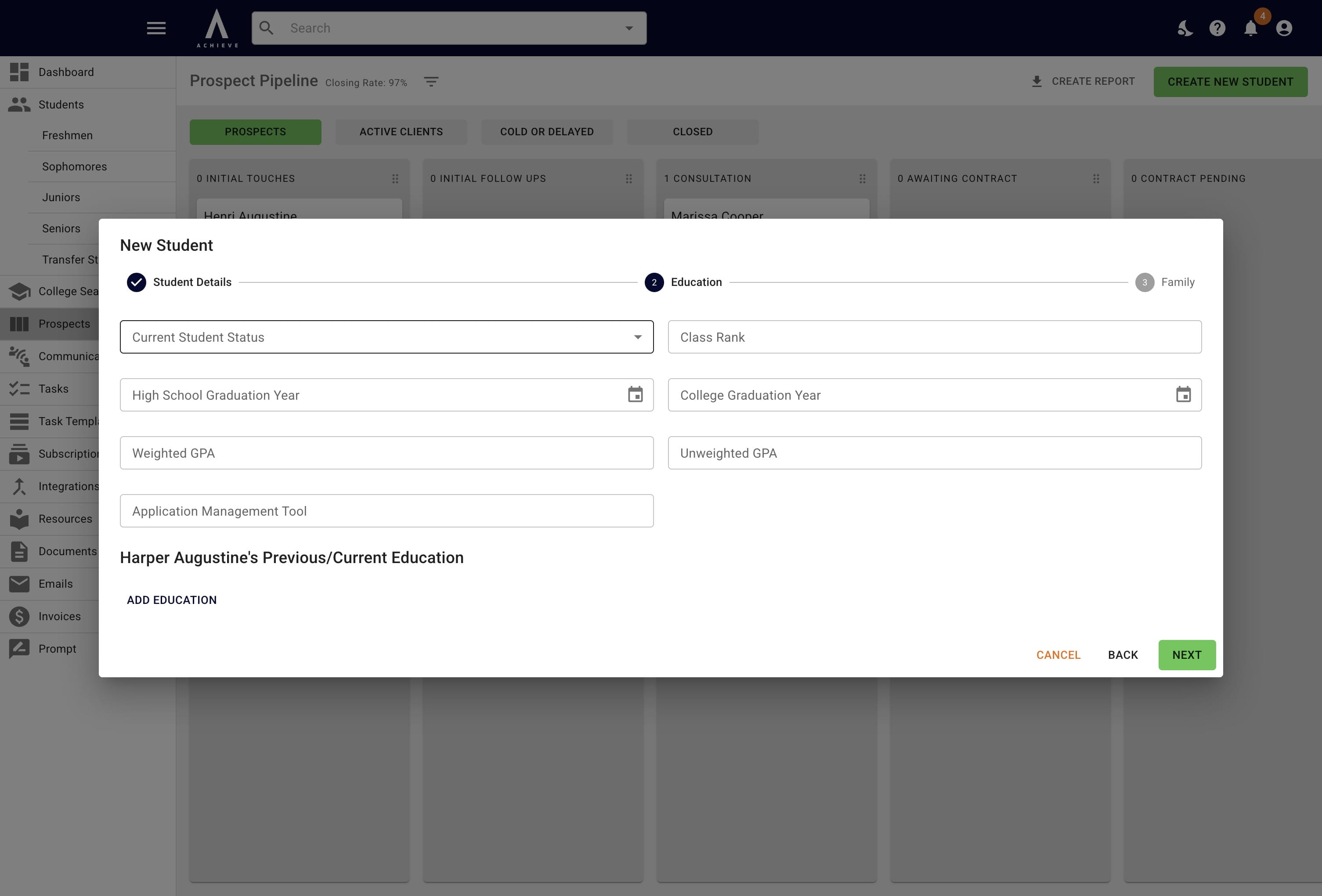 Fill in any applicable information on this screen. If you have the student's high school name, choose **High School** for **Current Student Status** and the **High School Name** field will appear. 