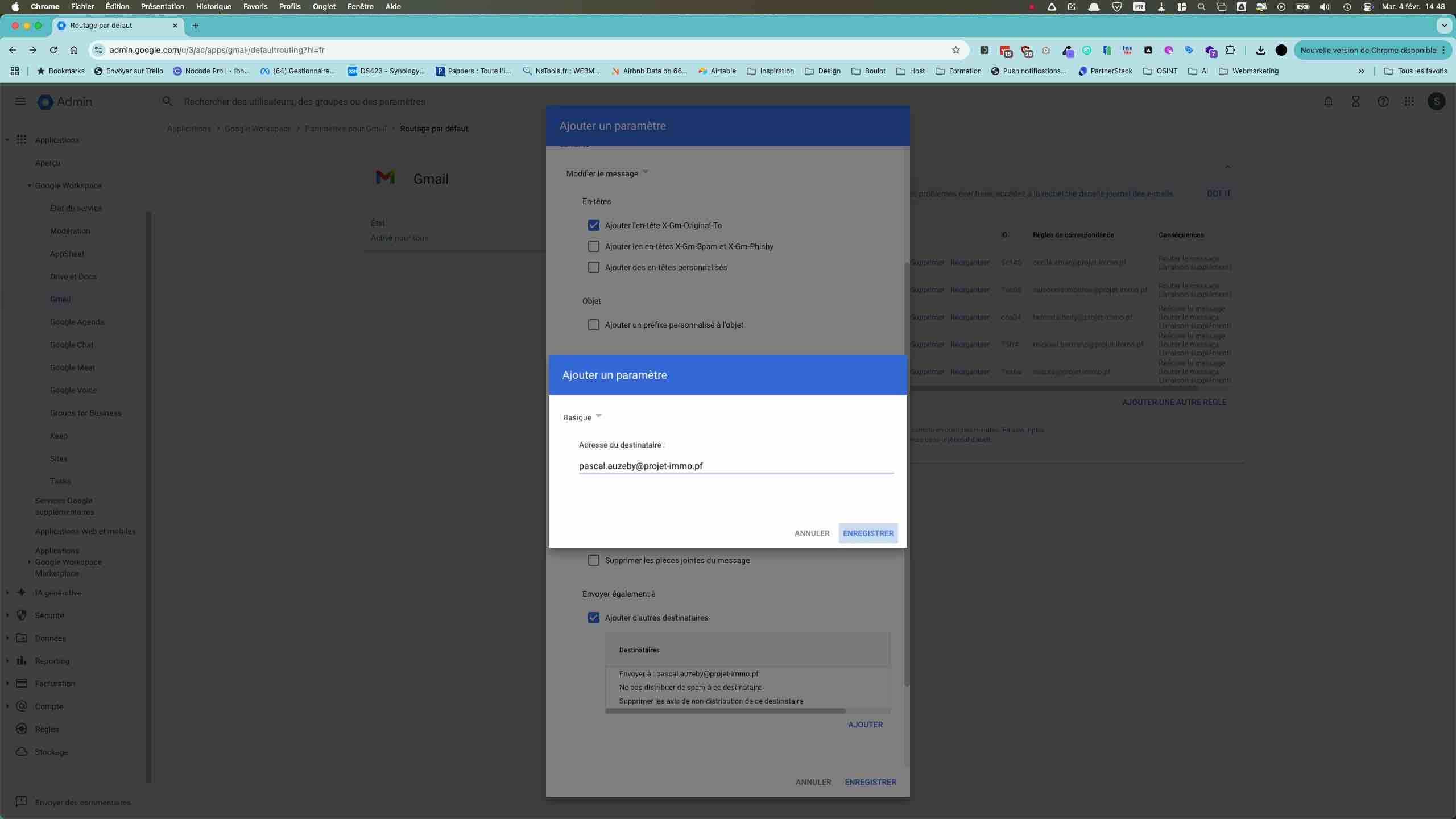 Saisir le premier email devant recevoir les emails transférés. Puis cliquer sur ajouter pour en saisir un nouveau.