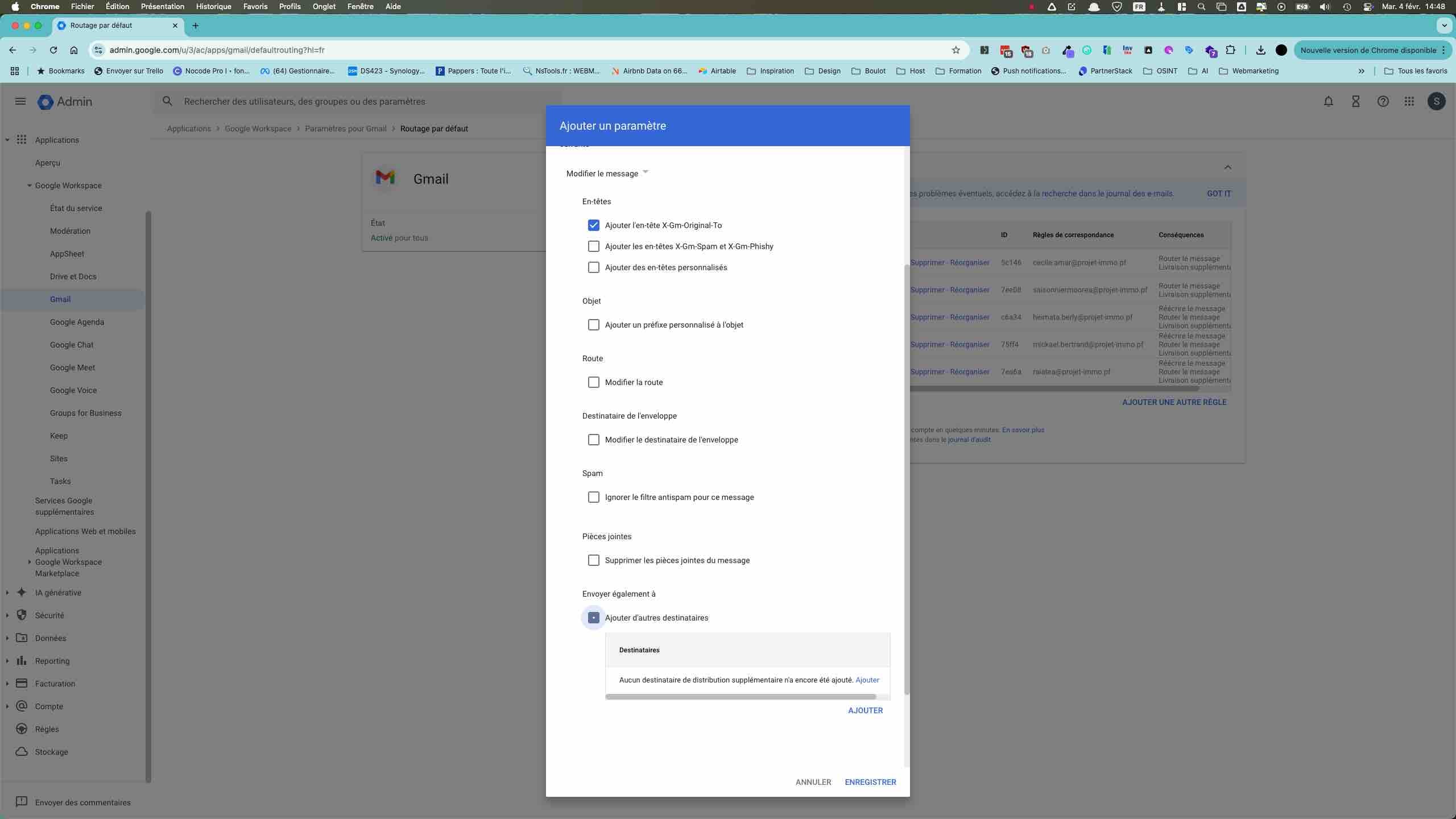 Cocher cette case pour ajouter les destinataires devant recevoir les emails transférés.