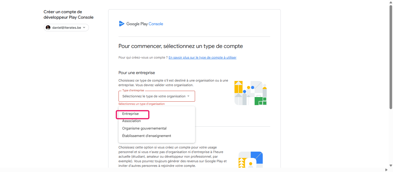 Aller dans la section "Pour une entreprise" et selectionner "entreprise"