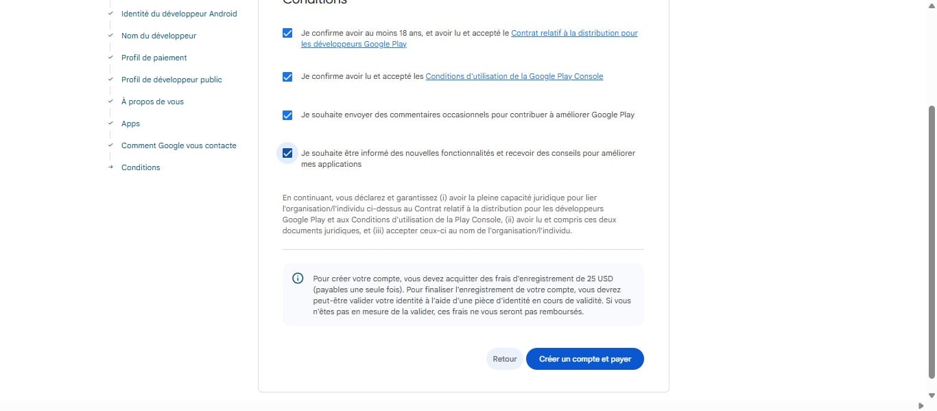 Cochez toutes les cases de conditions puis cliquer sur ''créer un compte et payé". Vous allez en suite etre rediriger vers la section pour payer les frais de création du compte