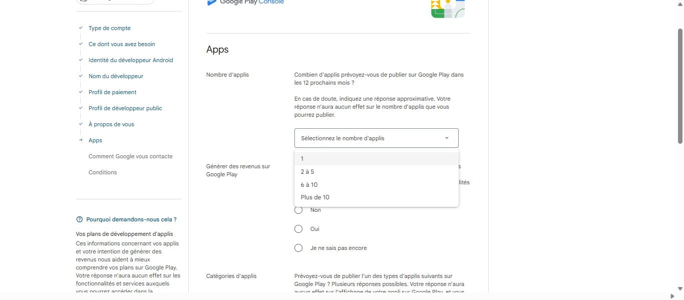 Cliquer sur "selectionner le nombre d'applis" et choisissez le nombre d'appli que vous prévoyez de publier dans les 12 prochains mois