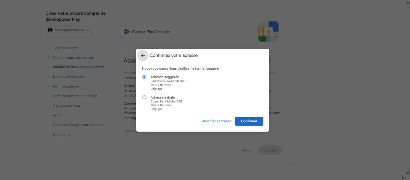 Choissisez votre adresse initiale ou l'adresse suggérée puis cliquer sur "Confirmer"
