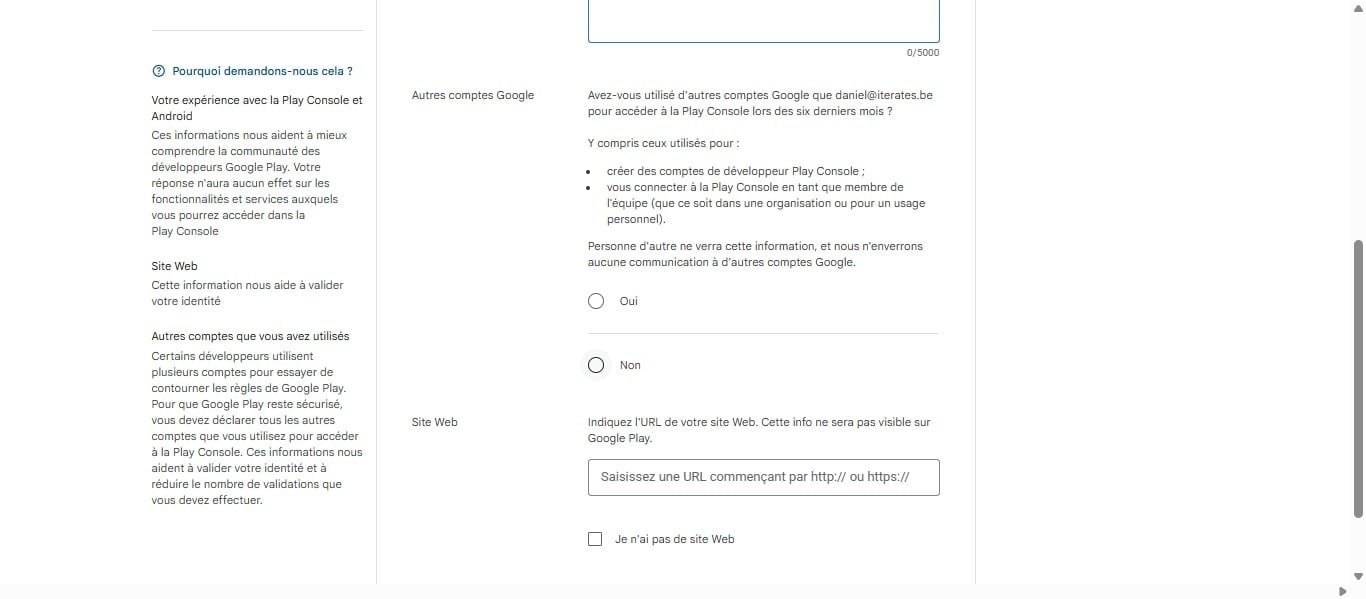 Cliquer sur oui si vous avez utilisez d'autres compte google pour accéder à la play console lors des six dernier mois. sinon cliquer sur non