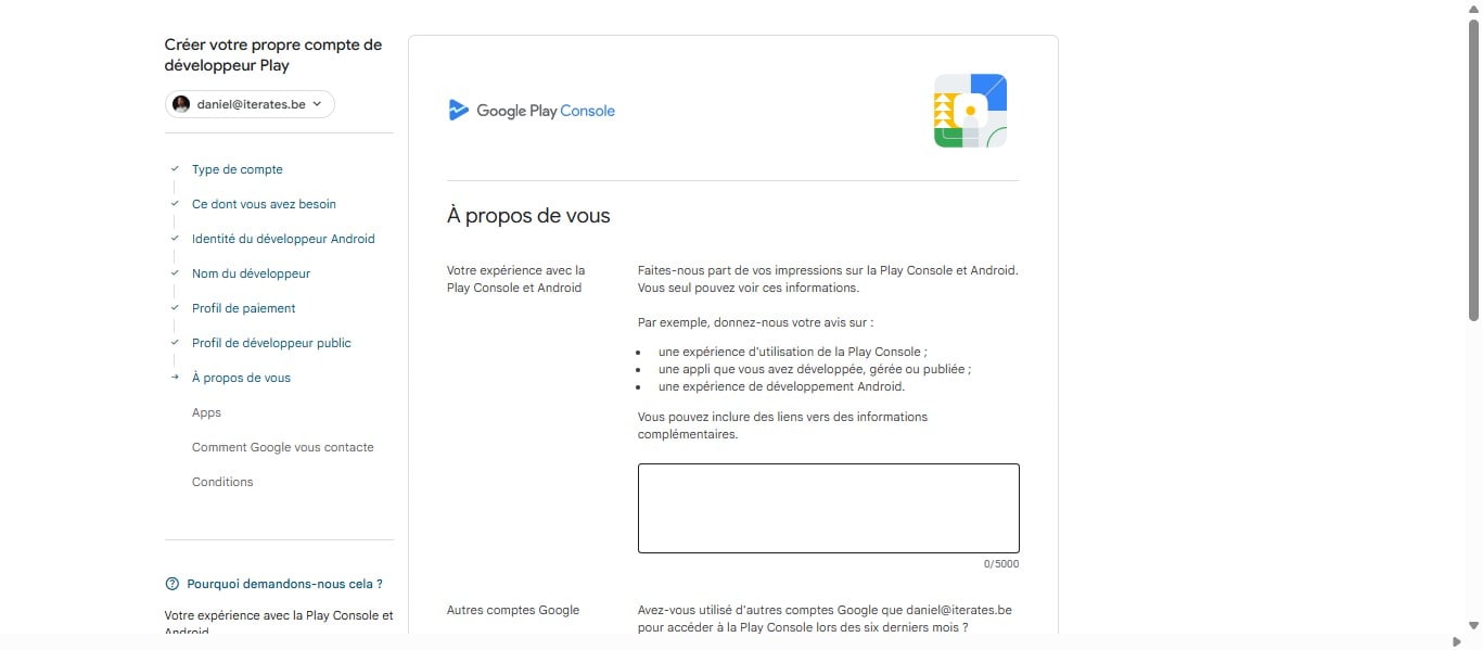 Ajouter un avis sur votre expérience avec Play Console et Android. Si vous n'avez pas d'experience ne mettez rien