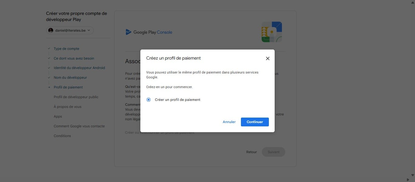 Selectionner "créer un profil de paiement" et cliquer sur continuer