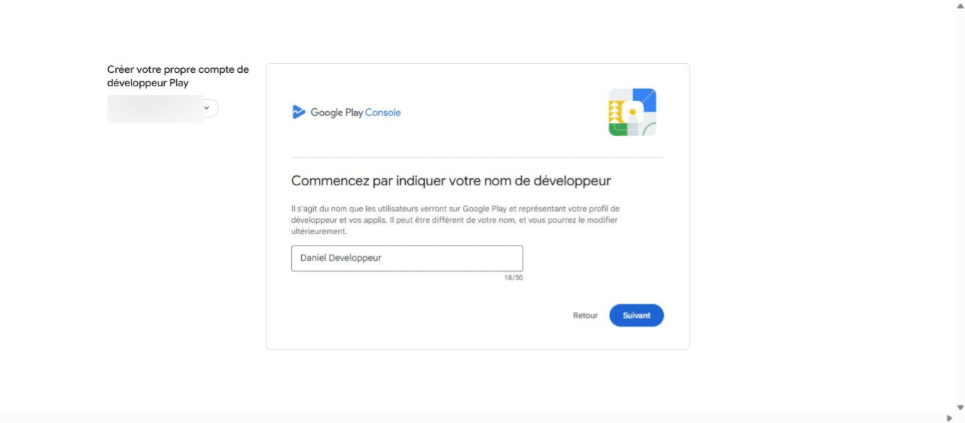Ajouter un nom de developpeur et cliquer sur '' Suivant''