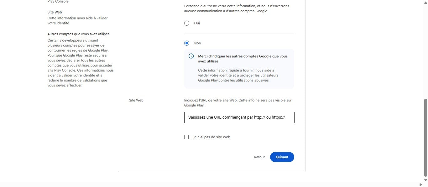 Ajouter l'url de votre site web si vous en avez un. Sinon, cocher sur je n'ai pas de site web. Puis sur "Suivant"