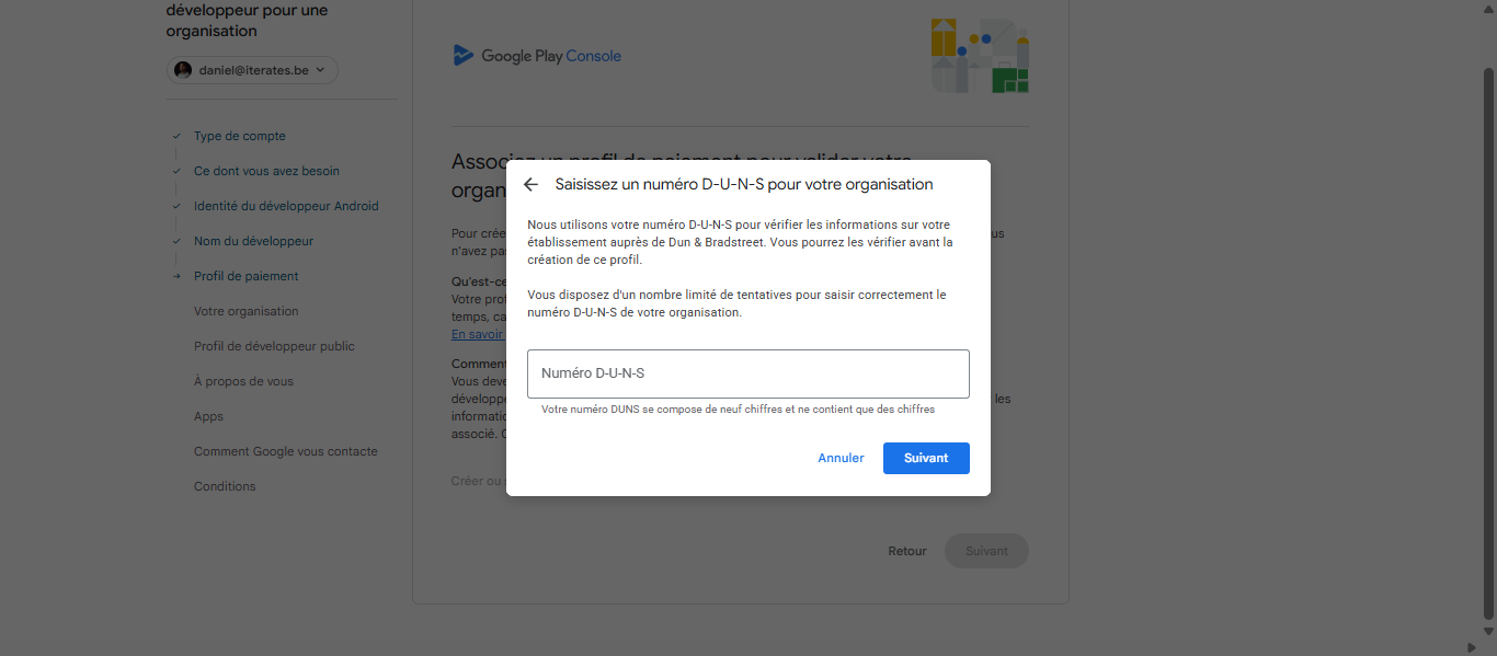 Renseigner votre numéro DUNS que vous pouvez rechercher gratuitement via votre compte Apple Developpeur. Voici le tuto pour en créer un : <https://guidejar.com/guides/dd66f2ef-d1e6-4473-b0c5-e31aabd600b5>