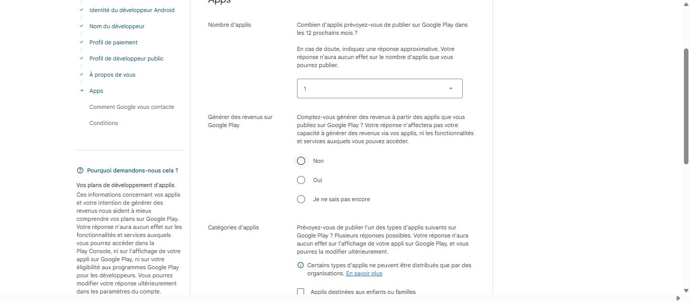Cliquer sur oui si vous comptez générer des revenus à partir des applis que vous publiez