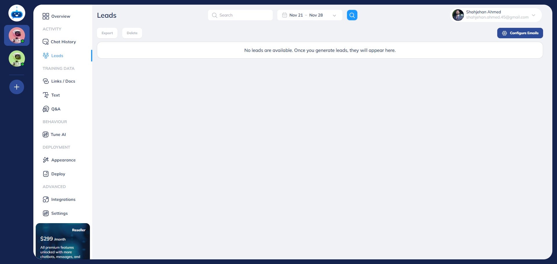 Click this Click on the "Configure Emails" button to add the email where you want to receive the leads.