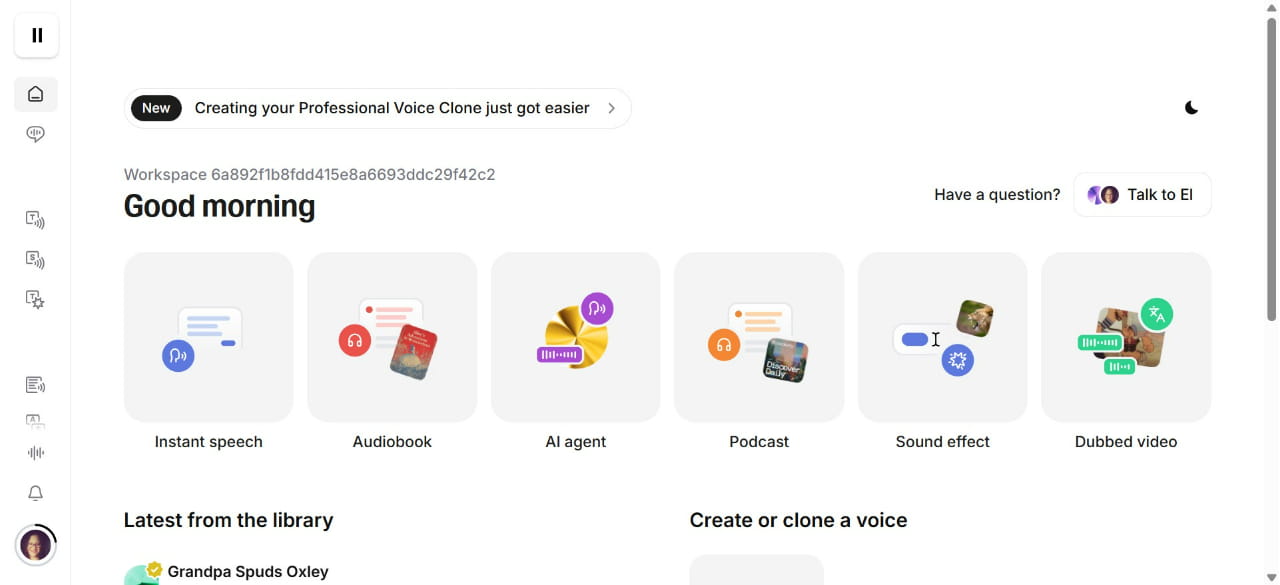 En esta página podrá ver las diferentes opciones que ofrece ElevenLabs para generar voces.