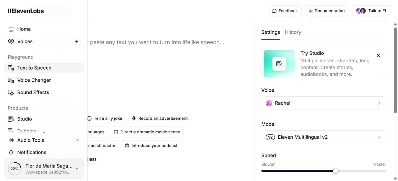 En la barra que aparece a la izquierda en la parte inferior, puede revisar los caracteres que tiene en el plan gratuito que le brindó ElevenLabs.