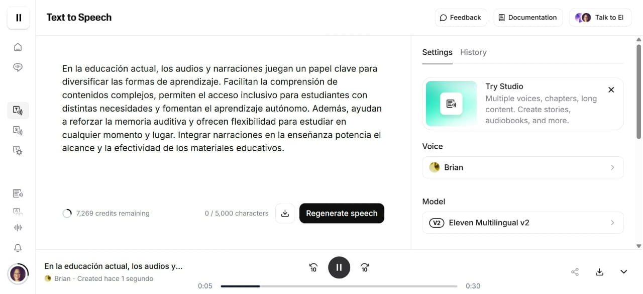 Cuando se haya generado la voz dé clic sobre el botón de play para escuchar la locución. 