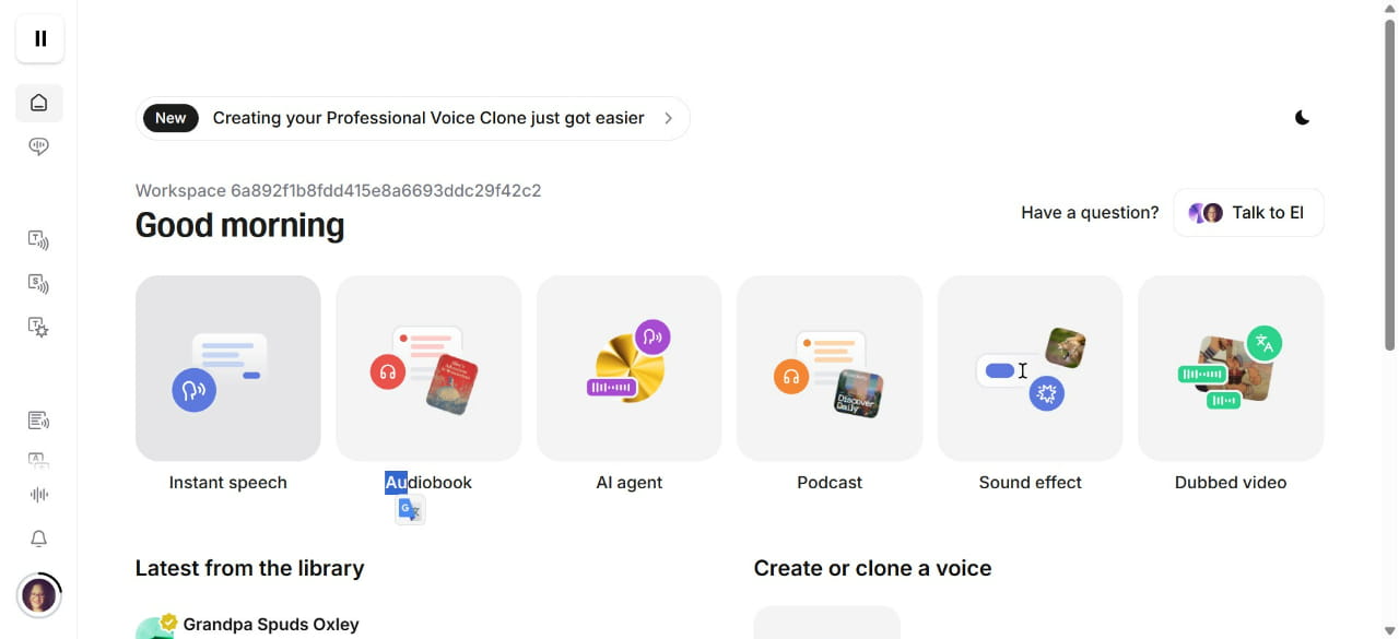 Para este ejemplo se dará clic en la opción "Instant speech" para generar voz en base a texto.
