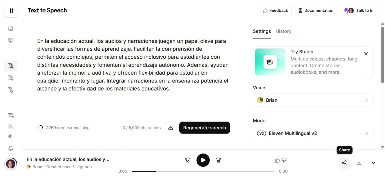 Dé clic en este ícono para compartir link de la voz generada.