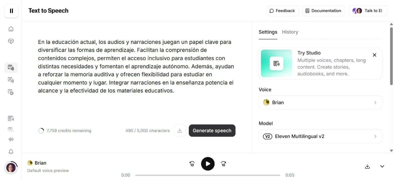 Para generar la voz dé clic sobre el botón que aparece debajo del texto "Generate speech"