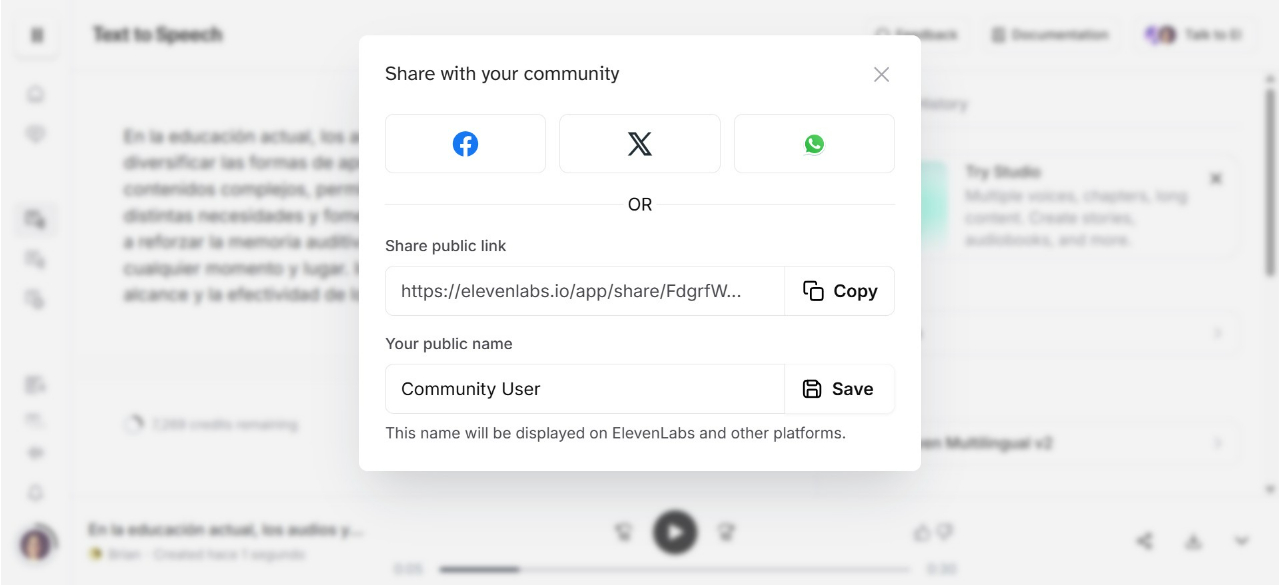 Dé clic en el botón "Copy" para copiar el link.   Escuche la voz generada del ejemplo de texto [https://elevenlabs.io/app/share/FdgrfWi9liBe7V9bDVlv](url)