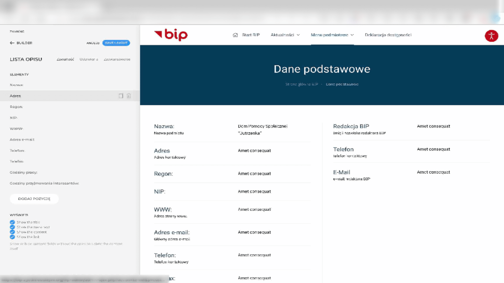 Pojawi się lista danych, które możemy edytować. Aby przejść do ecyji wybieramy odpowiednie pole i klikamy na nie. W tym przypadku jest to pole "Adres"