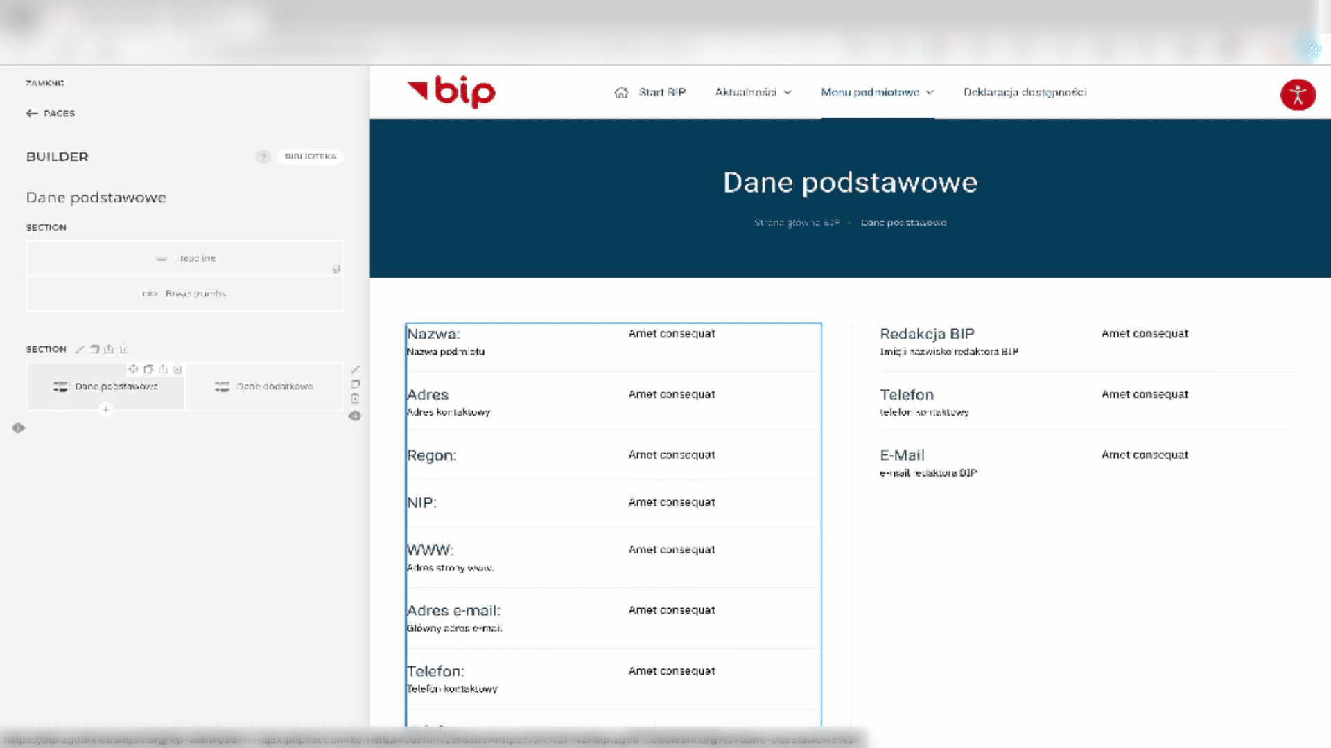Po wybraniu zakładki, w podglądzie otworzy się karta z wybraną stroną.
Po lewej stronie pojawi się menu edycji, po prawej stronie zobacyzmy podgląd eydotwanej strony.
Wybieramy sekcję Dane podstawowe jak na obrazku i klikamy.