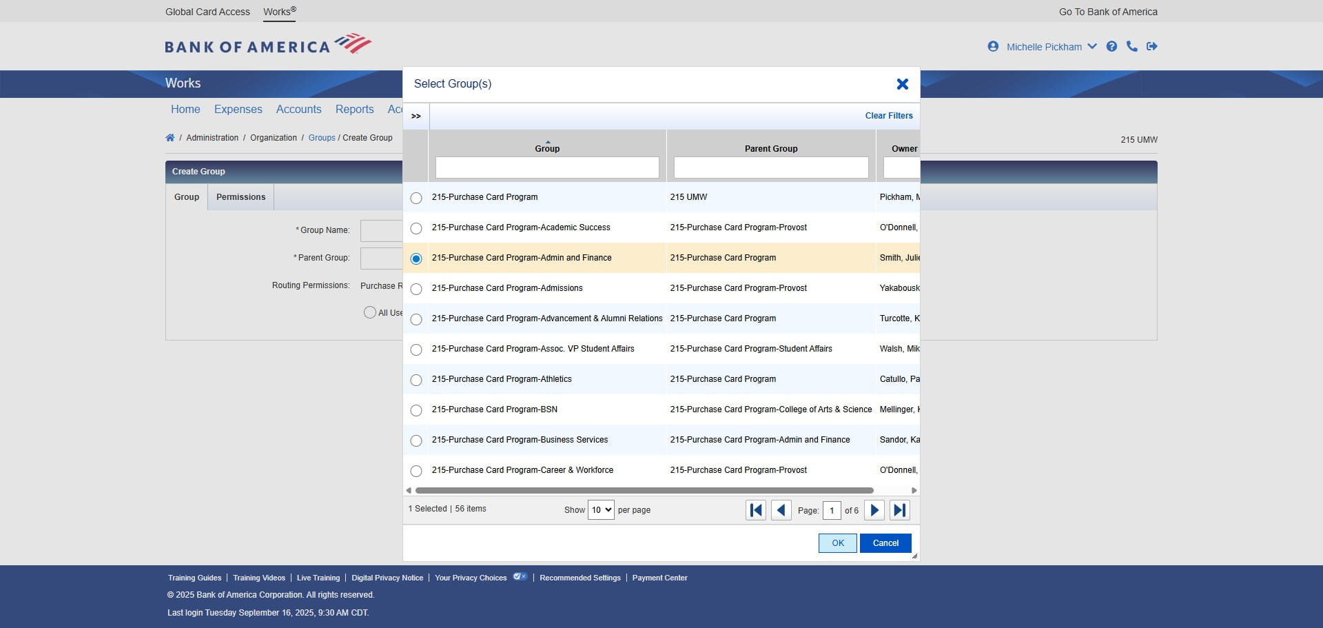 You must select a Parent Group for the new Group to live under within the hierarchy. In this case, Procurement is under the Administration and Finance division, so select Admin and Finance for the Parent Group and Click on "OK"