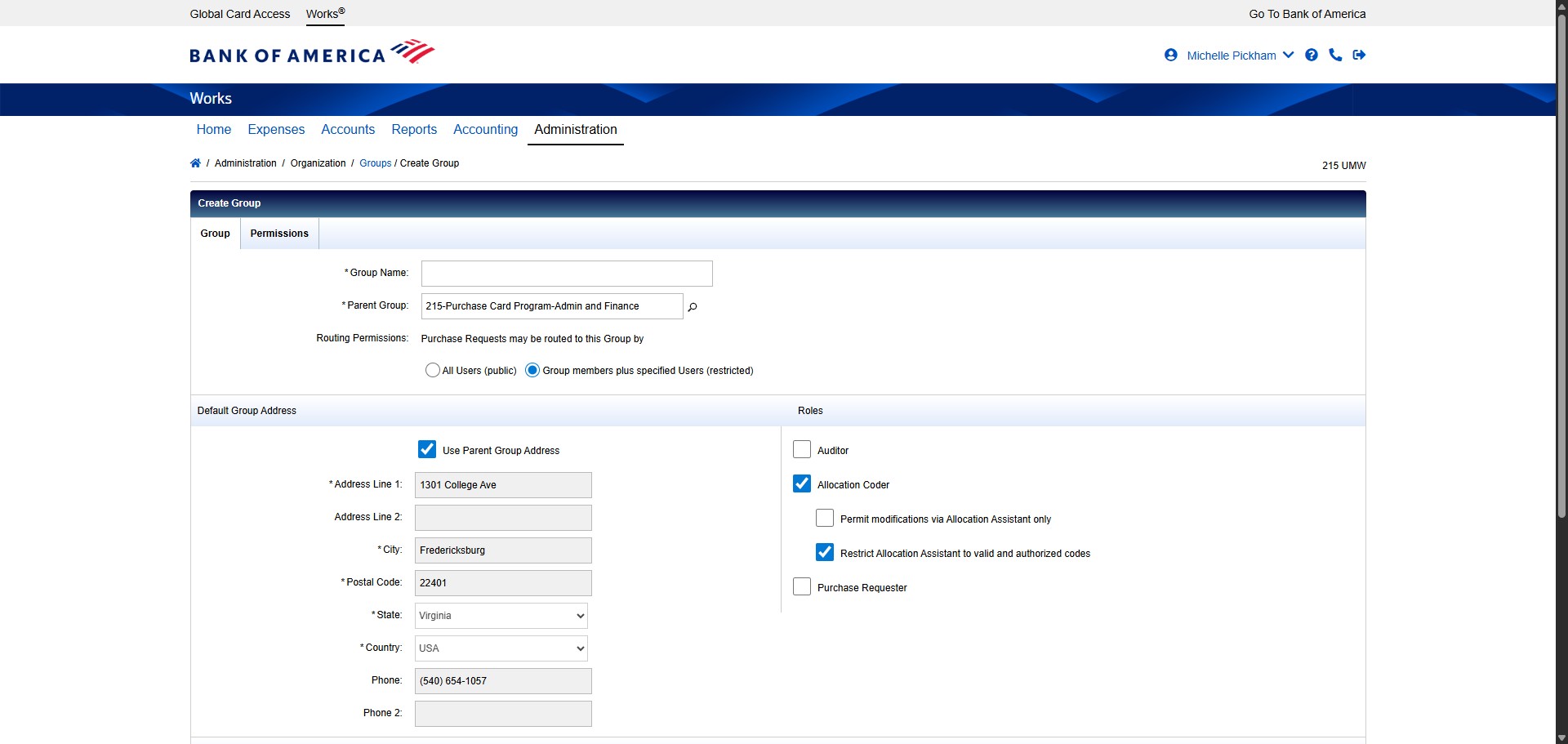 Enter the Group Name. DOA has formulated the naming convention to 215-Purchase Card Program-"Group Name". So for this new group, the name should be "215-Purchase Card Program-Procurement."