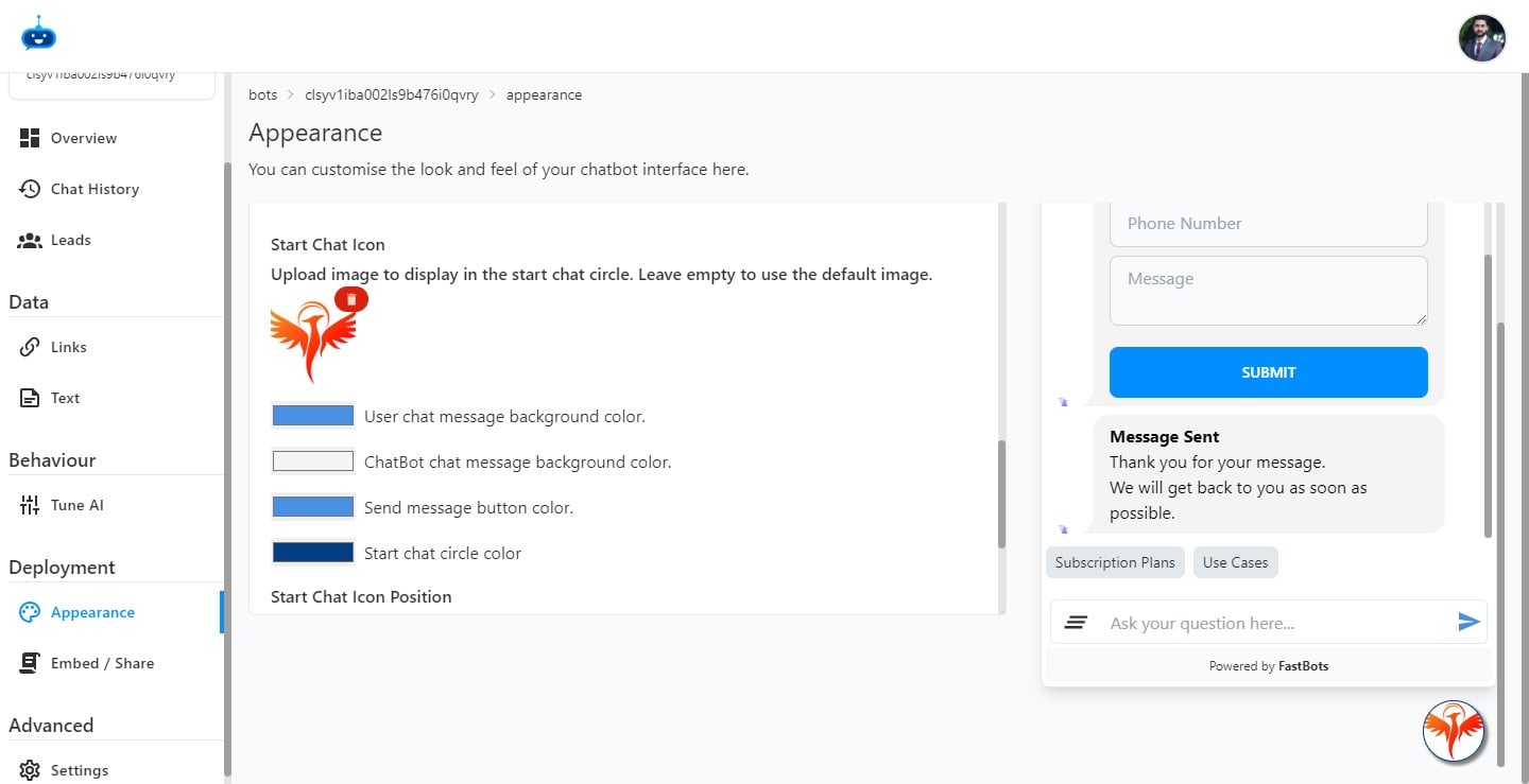 After you upload the picture, it will show on the chatbot start icon like this.
