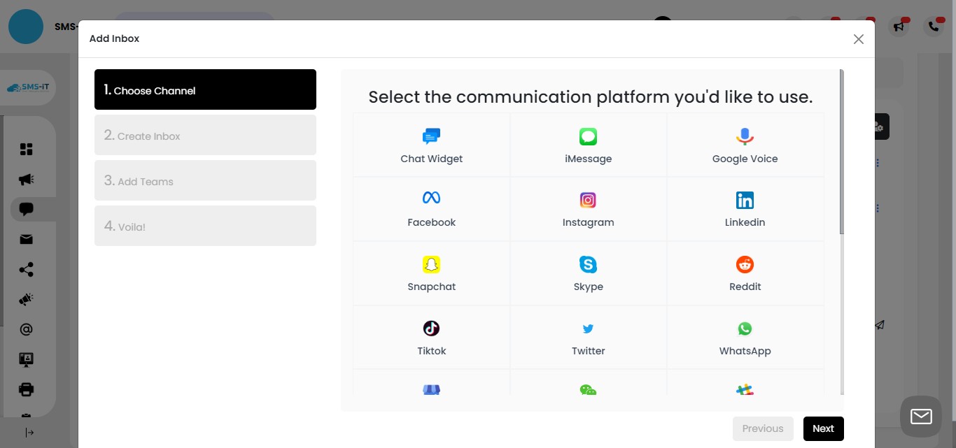 
Here, simply click on the communication channel you wish to add and follow the straightforward instructions provided. You can find tutorials for each channel listed in the "Configuring Social Channels" section.