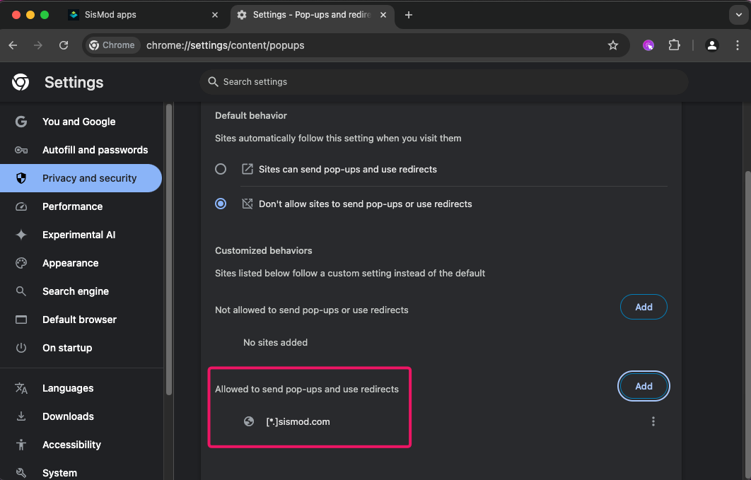 Confirme que el sitio [*.]sismod.com fue agregado correctamente