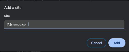 Teclee lo siguiente: [*.]sismod.com y al final de click en el boton "Add" (Agregar)