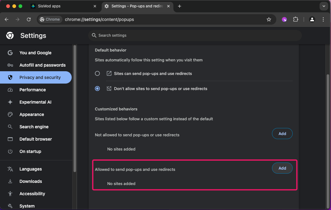 En las opciones de la derecha busque la que dice "Allowed to send pop-ups and use redirects" y de click sobre el boton "Add" (Agregar)