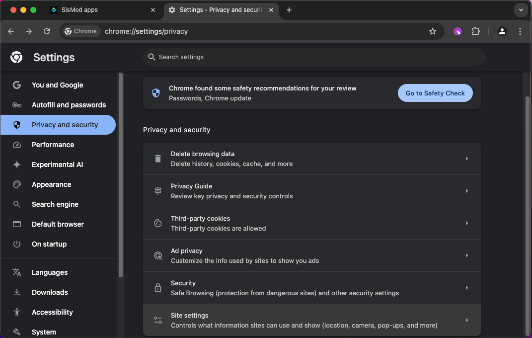 En las opciones de la derecha busque la que dice "Site settings" y de click sobre ella