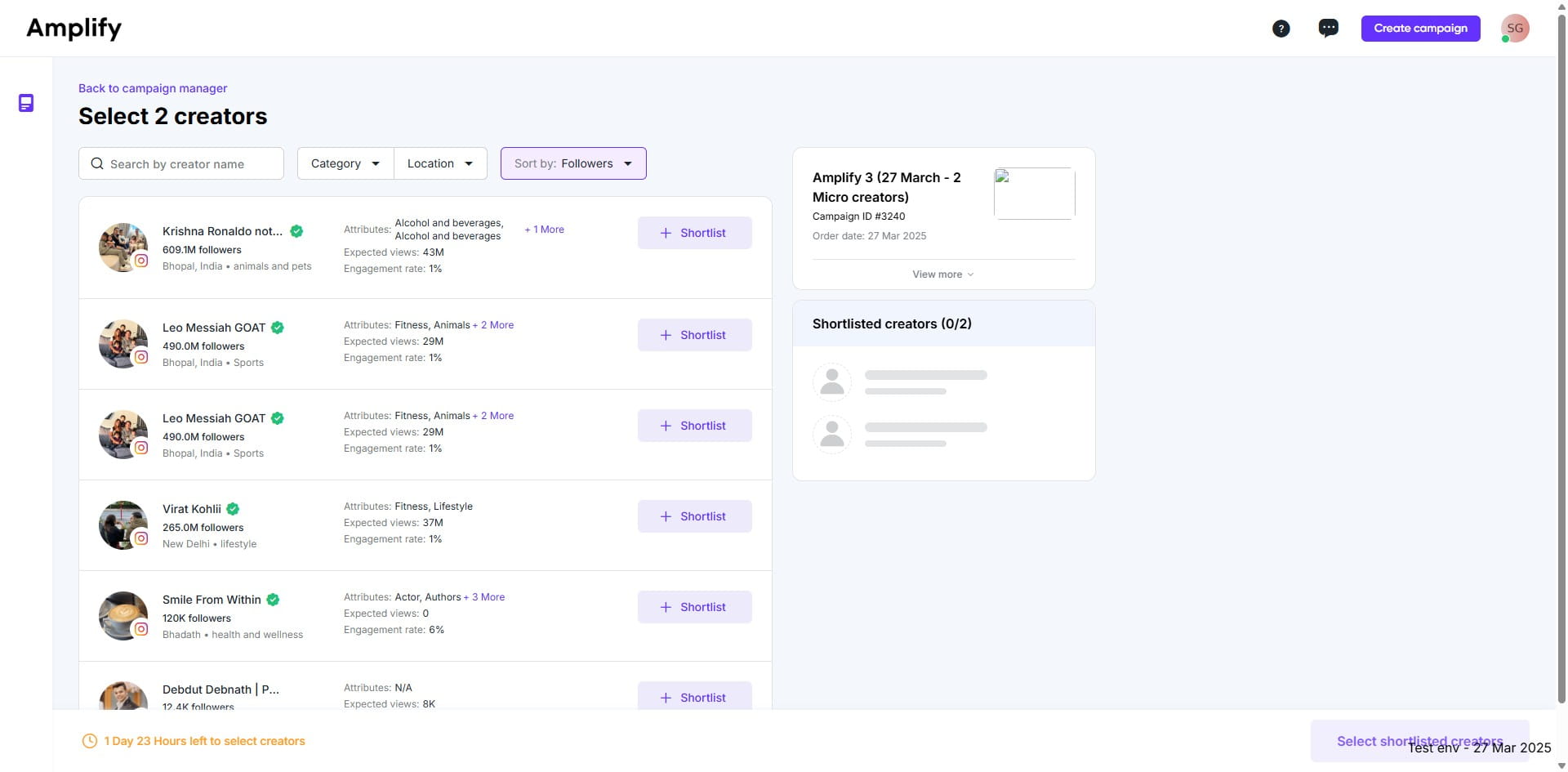 Click "Shortlist" to add the creator to your shortlist.
