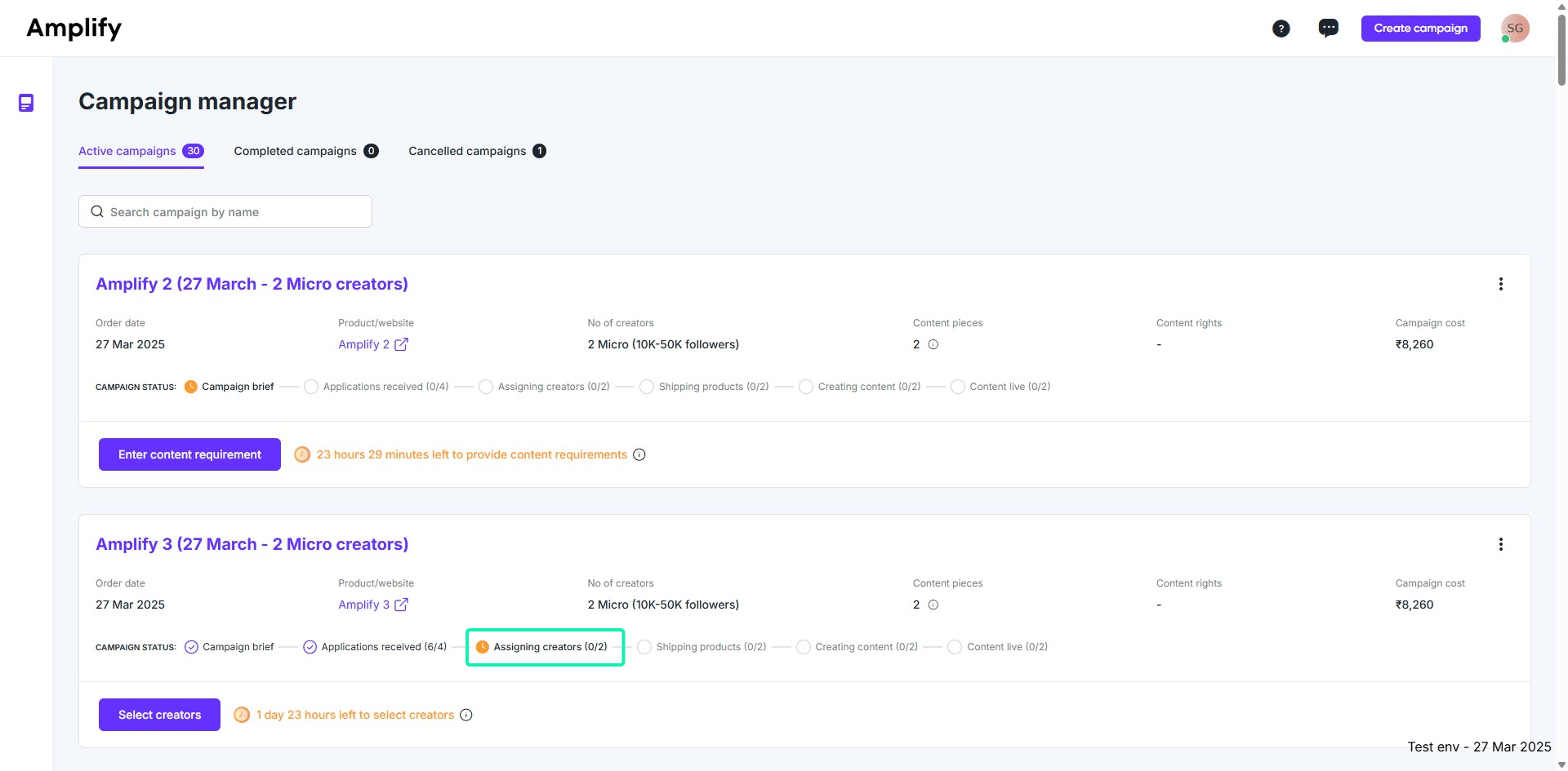 Go to campaign manager and click "Select creators"